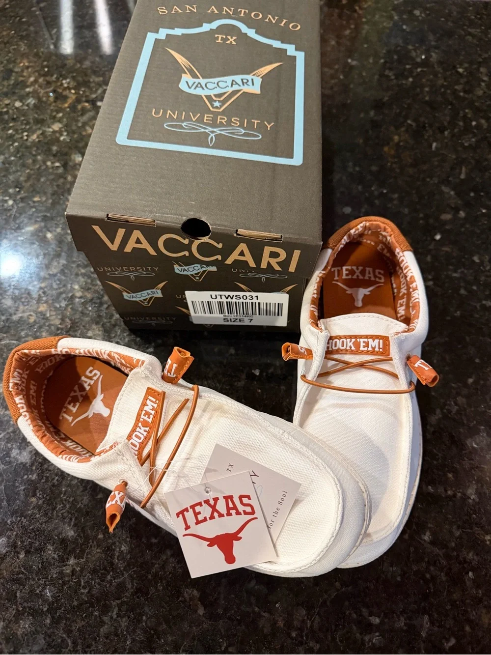 Vaccari Texas White & Orange Women's Slip-On Sneakers - Hook 'Em
